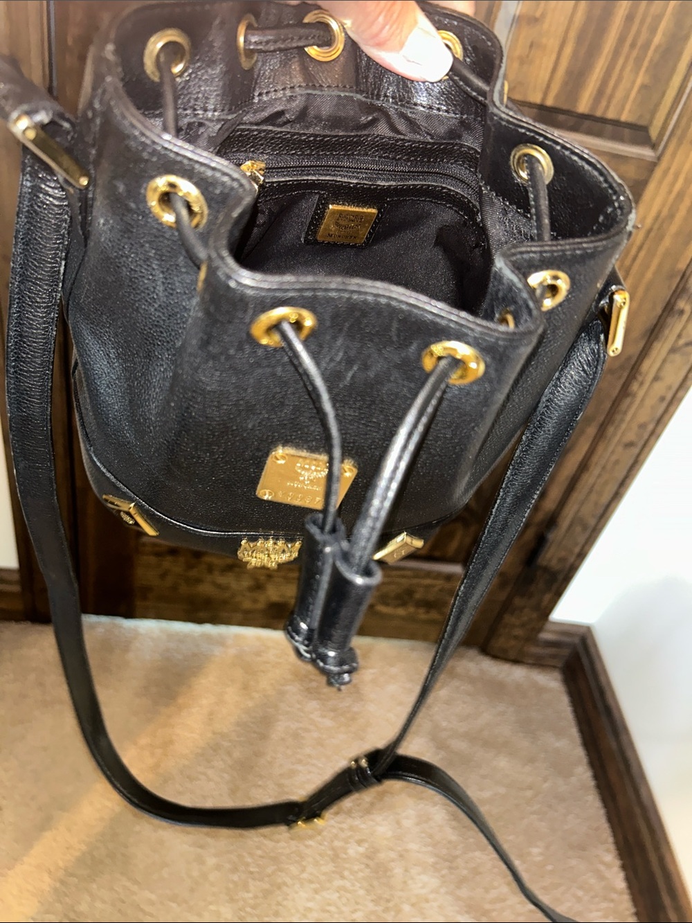 MCM Black Leather Mini Drawstring Bucket Bag with Gold Accents - Picture 14 of 14